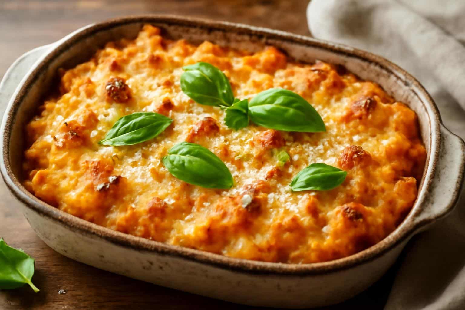 Close-up of crispy cheesy baked pasta with golden crust and fresh basil garnish