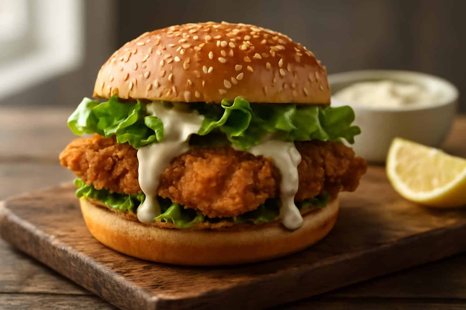 Crispy chicken caesar sandwich with golden fried chicken and fresh romaine lettuce