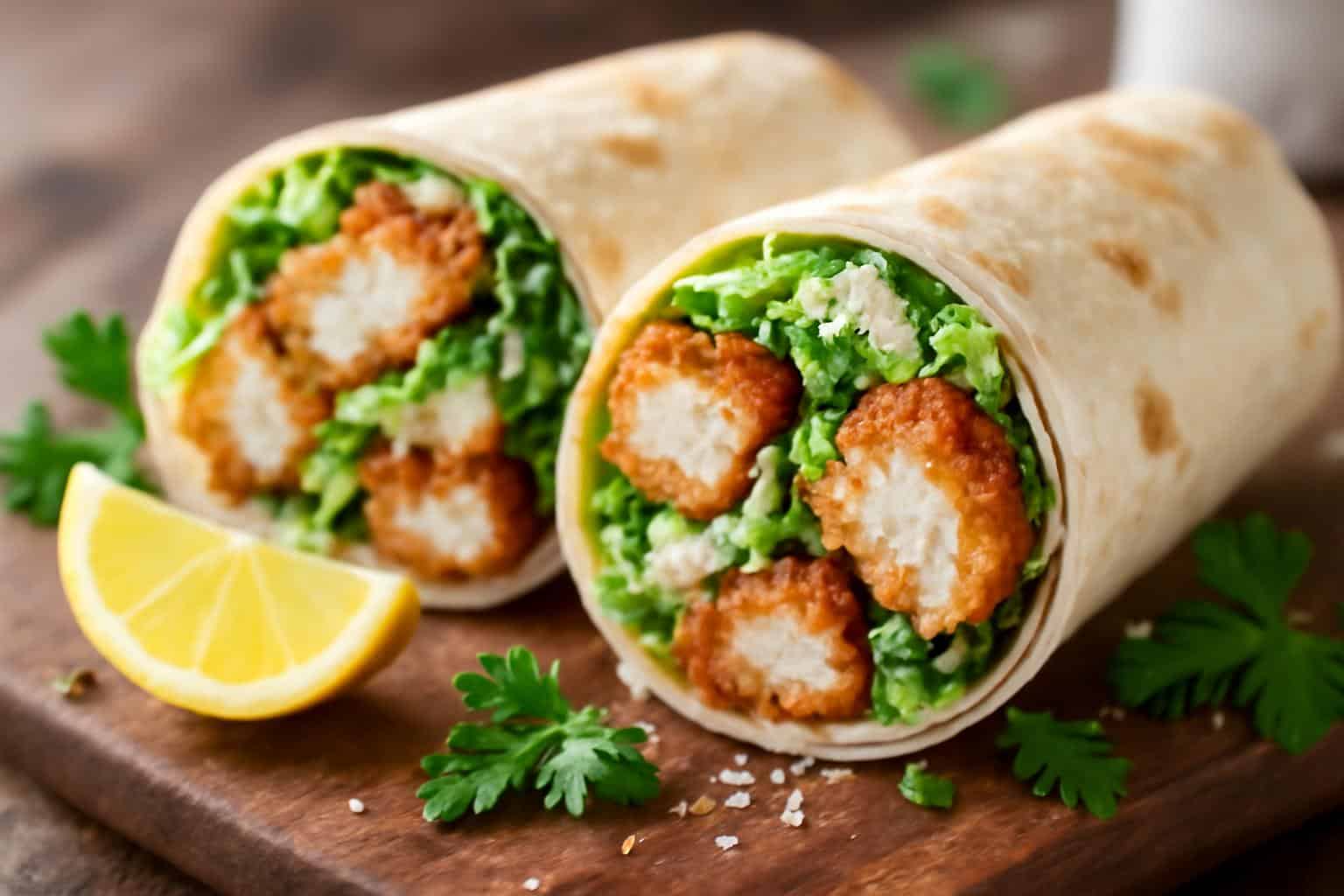 Crispy chicken caesar wraps with fresh romaine and zesty dressing on rustic board