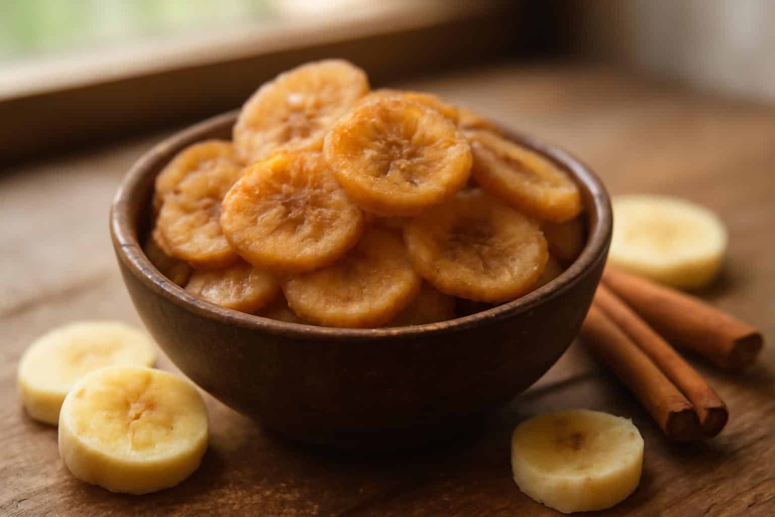 Golden crispy cinnamon-sugar banana chips in a bowl with cinnamon dusting, showcasing air fryer banana chips