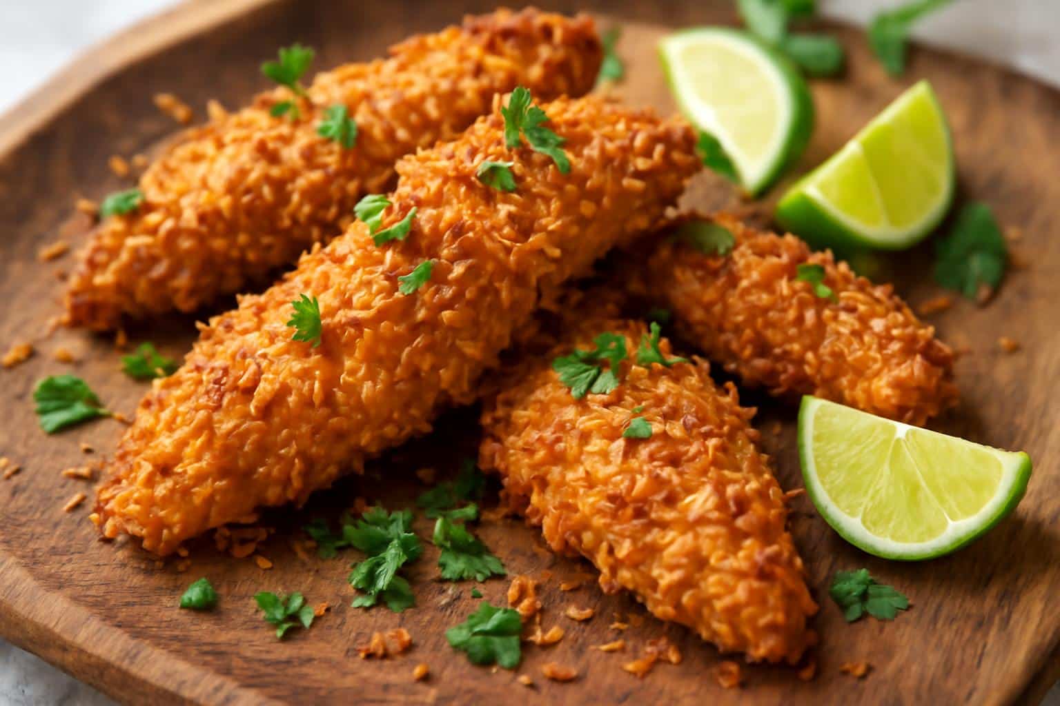 Golden crispy coconut chicken tenders with toasted coconut flakes and fresh garnish