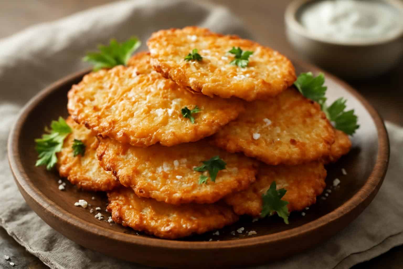 Crispy golden cottage cheese chips stacked on a wooden plate garnished with parsley, showcasing cottage cheese chips