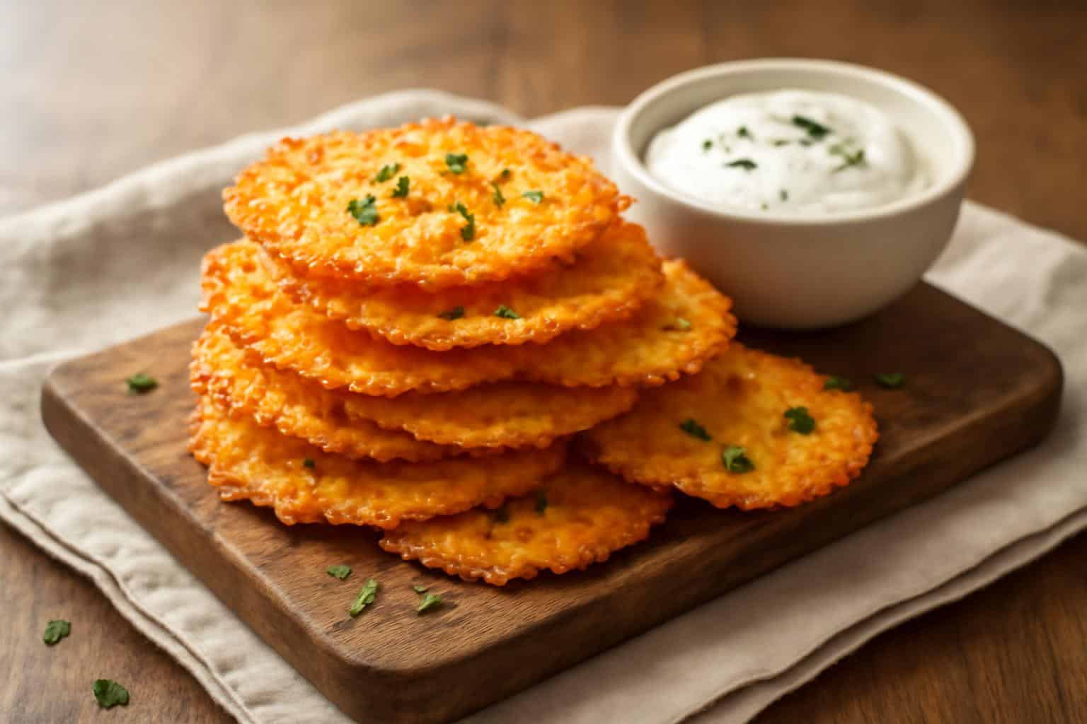 Golden crispy cottage cheese chips garnished with chives and a creamy dip, cottage cheese chips snack