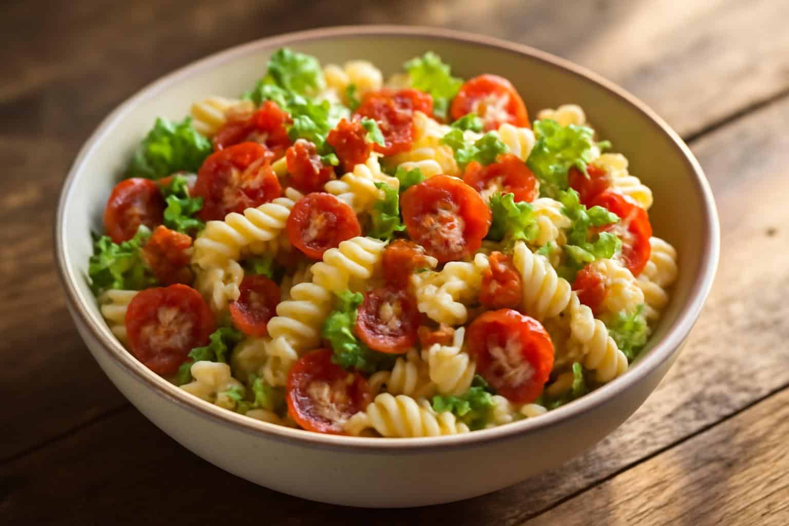Crispy creamy BLT pasta salad with bacon and tomatoes in a bowl