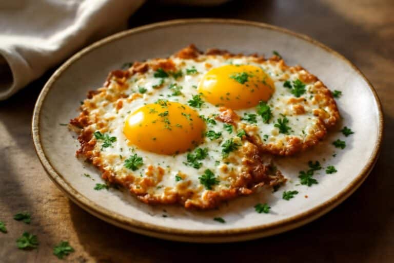 Crispy feta fried eggs on rustic plate garnished with parsley and black pepper