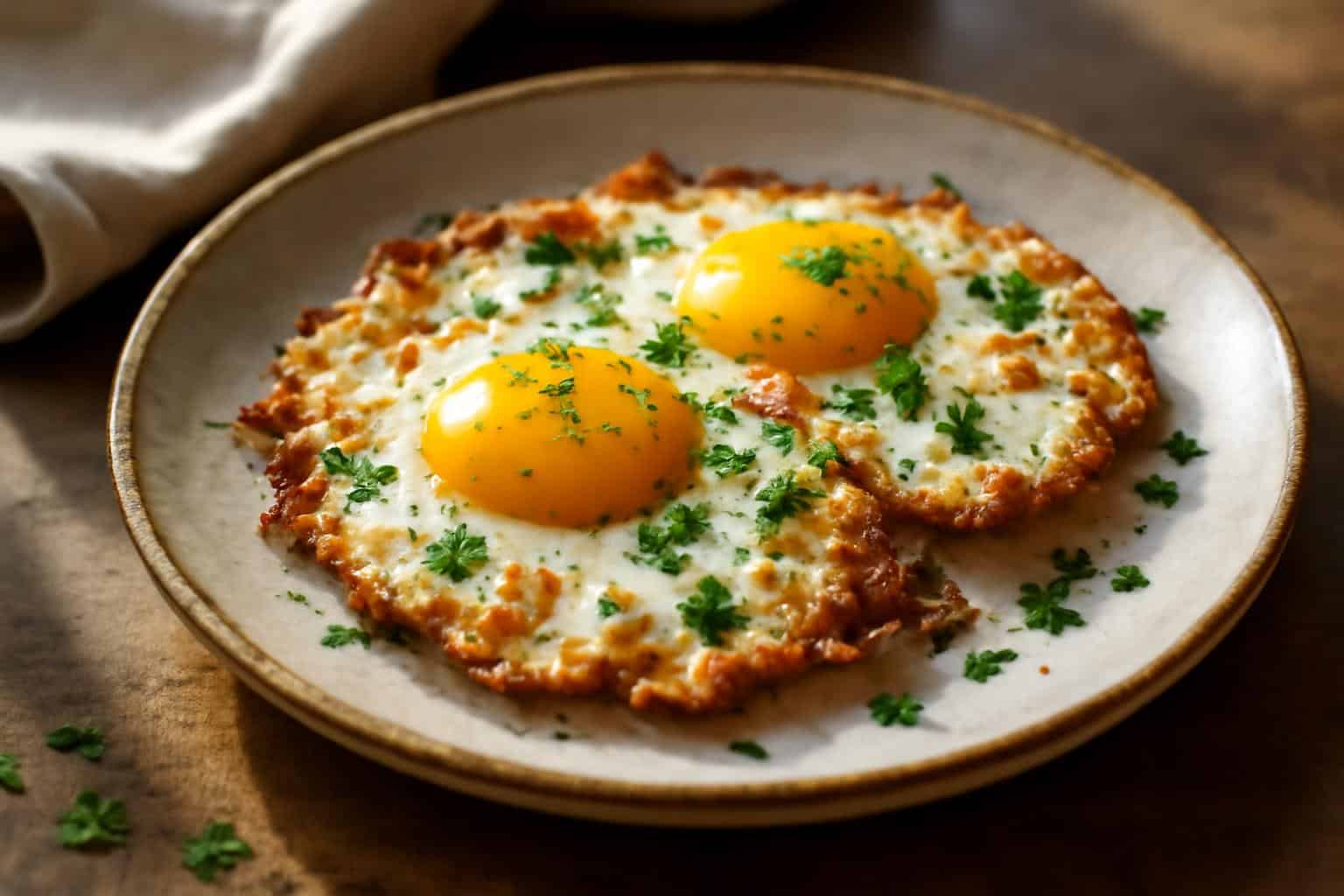 Crispy feta fried eggs on rustic plate garnished with parsley and black pepper