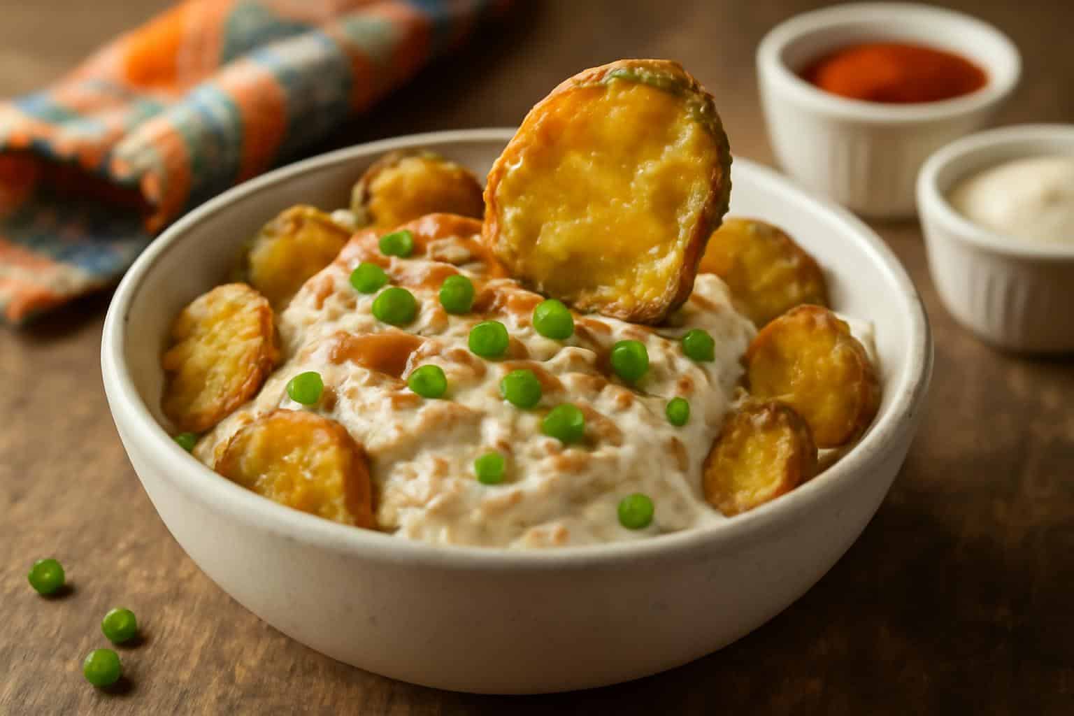 Bowl of crispy fried pickle dip with crunchy pickle chips and green onion garnish