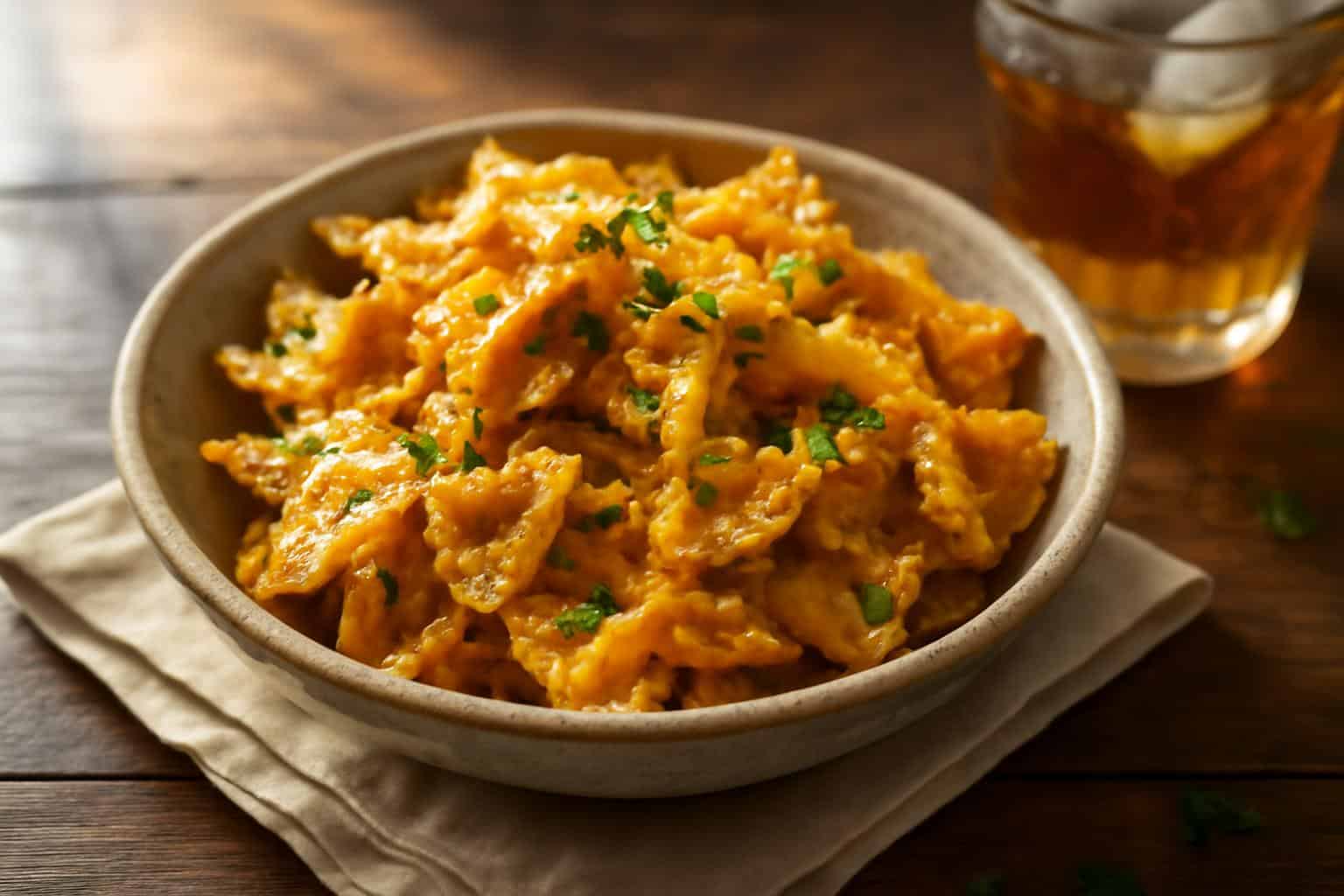 Bowl of crispy garlic butter pasta chips garnished with parsley, showing golden crunchy texture