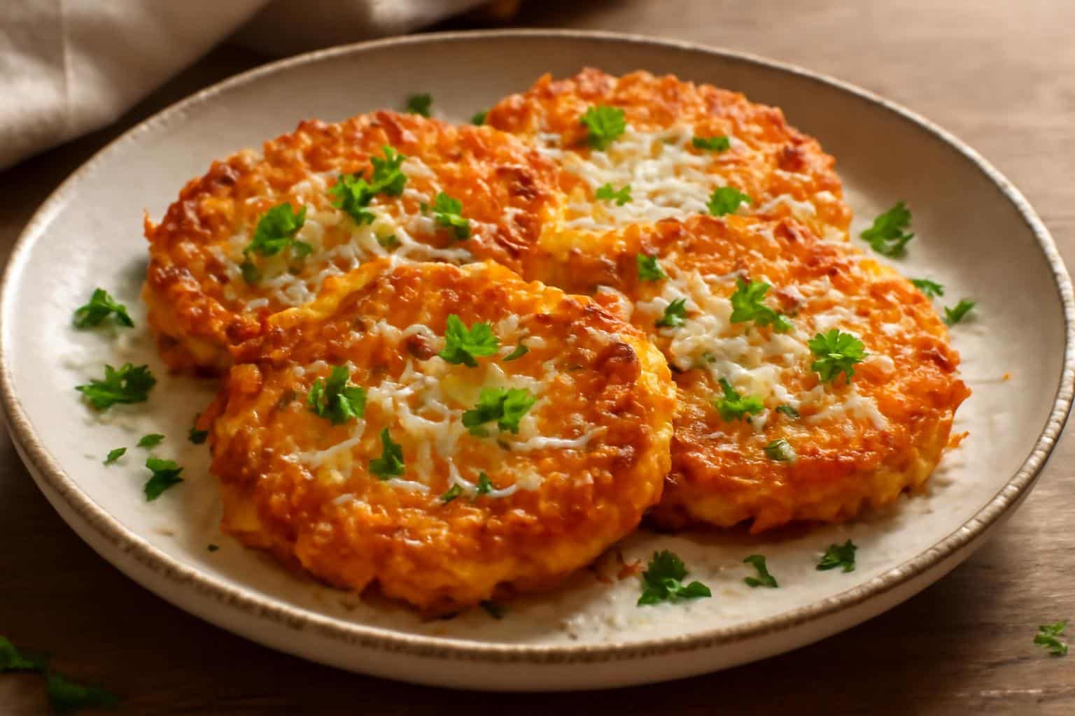 Crispy garlic parmesan hashbrowns on a plate garnished with parsley and parmesan cheese