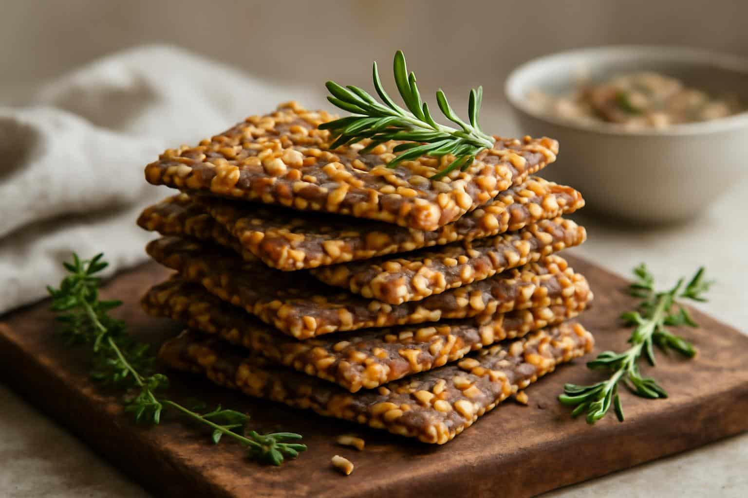 Crispy gluten-free seed crackers stacked with fresh herbs on rustic board