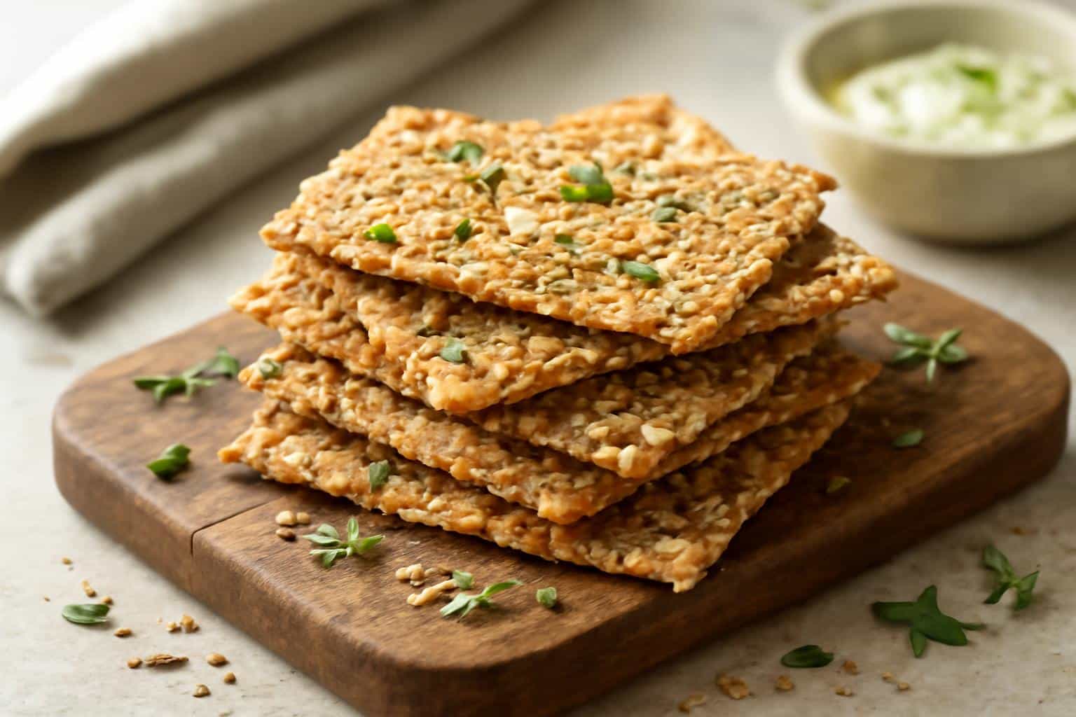 crispy gluten-free seed crackers stacked with visible seeds and herbs on rustic wooden board