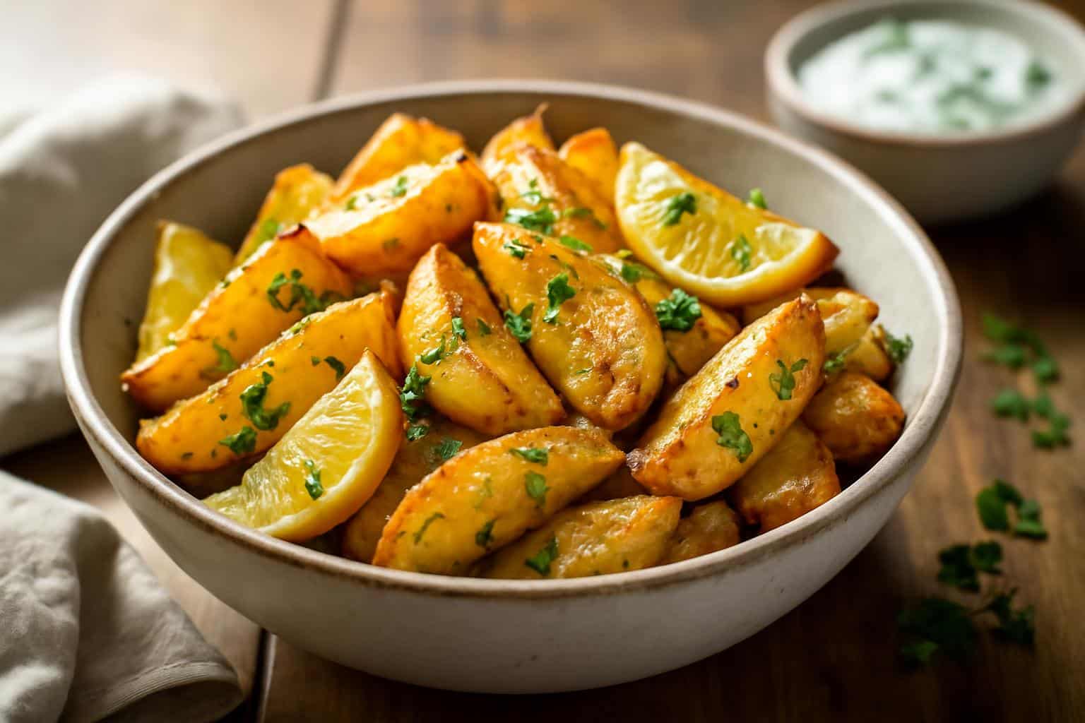 Golden crispy Greek potatoes with lemon flavor garnished with fresh herbs in a rustic bowl
