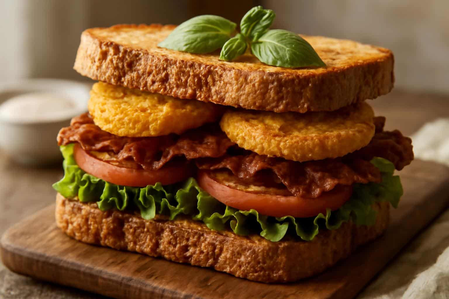 crispy green tomato blt sandwich with fried green tomatoes and bacon on rustic bread