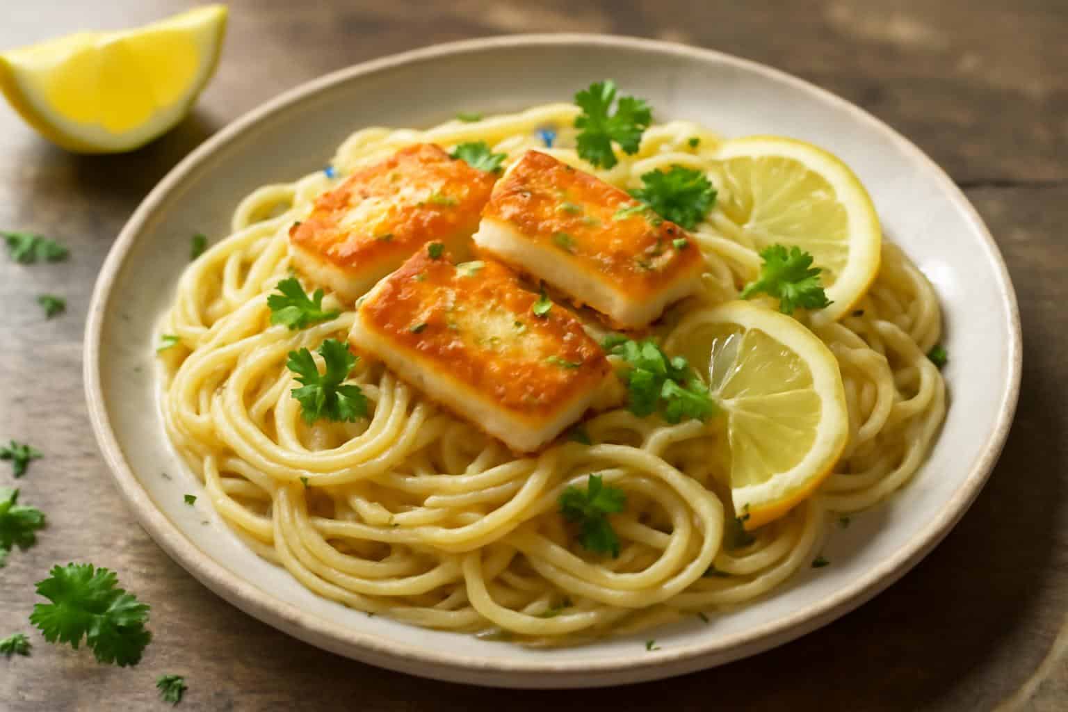Plate of crispy halloumi pasta with lemon zest and fresh parsley garnish