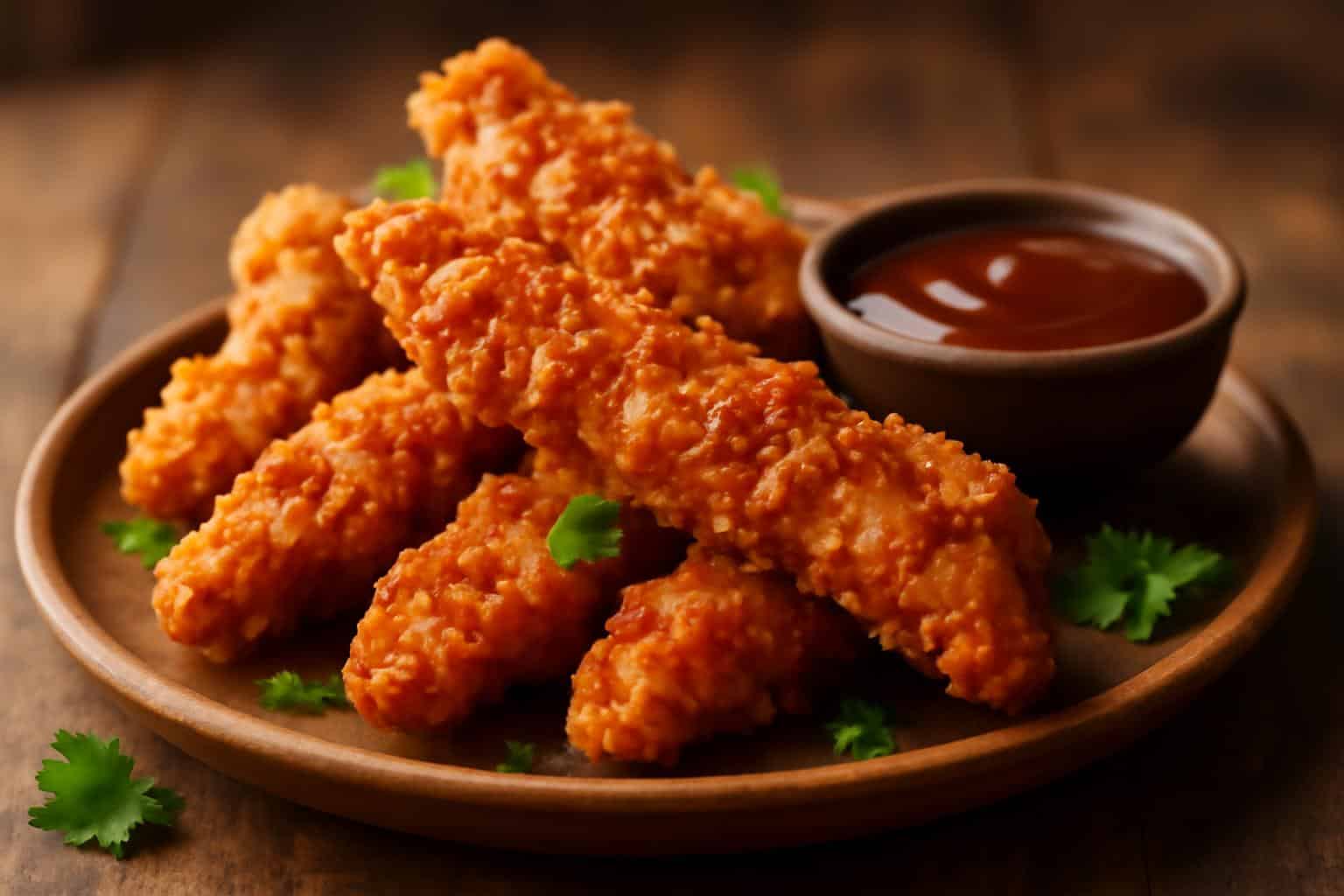 Golden crispy honey bbq chicken strips garnished with parsley and honey bbq sauce