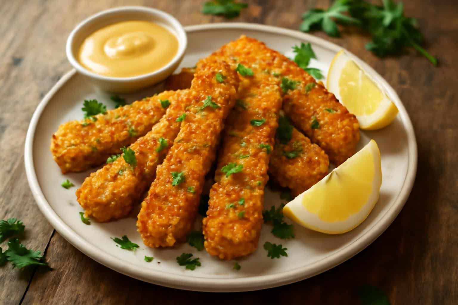 Plate of crispy honey mustard tofu tenders with dipping sauce and fresh garnish showcasing honey mustard tofu