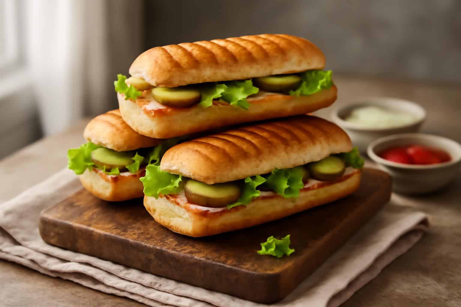 Crispy hot roll sandwiches stacked with fresh lettuce and pickles, showcasing crispy hot roll sandwiches