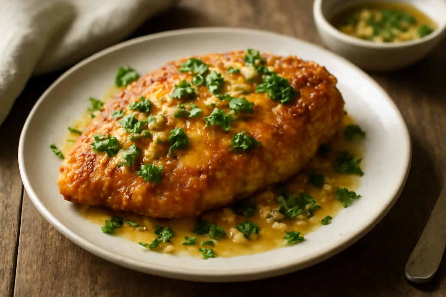Crispy Italian Chicken Christopher with garlic butter sauce garnished with parsley