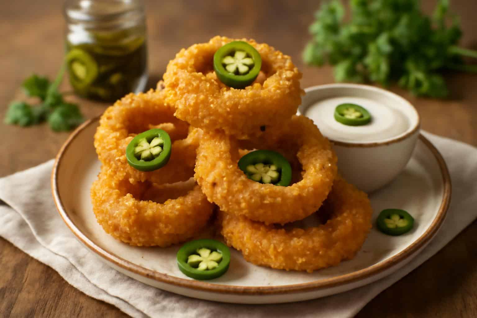 Golden crispy jalapeño popper onion rings with creamy dipping sauce and jalapeño slices