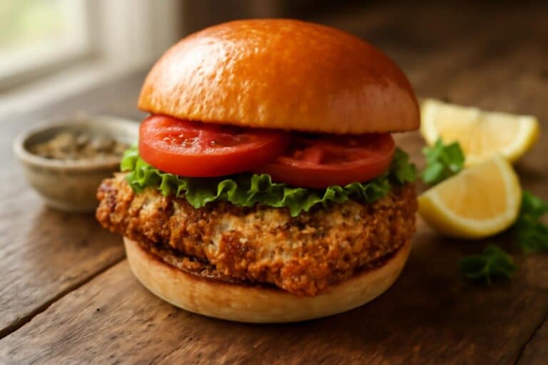 Crispy lemon pepper chicken sandwich with fresh lettuce and tomato on a toasted bun