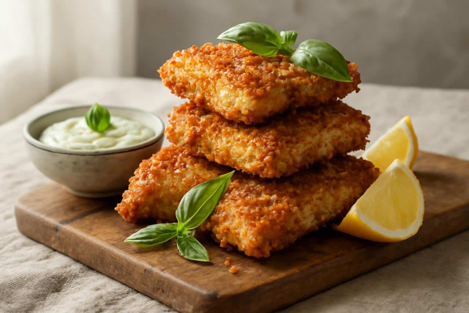 crispy parmesan chicken served with creamy basil aioli and fresh basil garnish