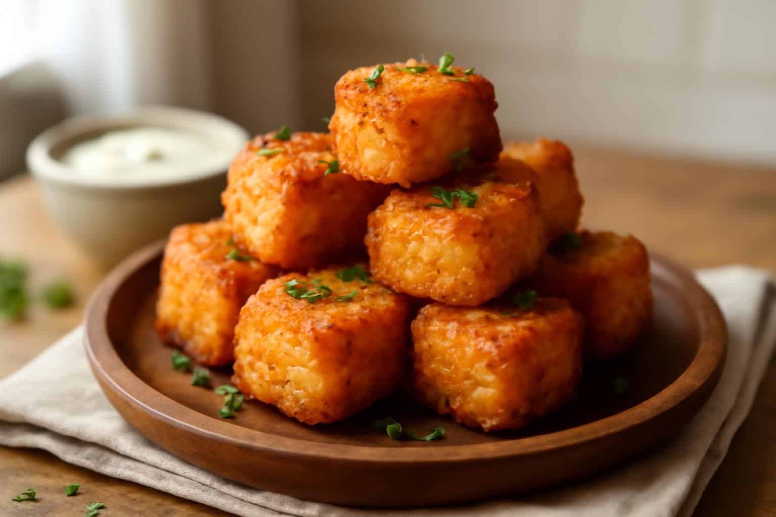 Golden crispy cottage cheese tots stacked on a wooden plate with parsley garnish