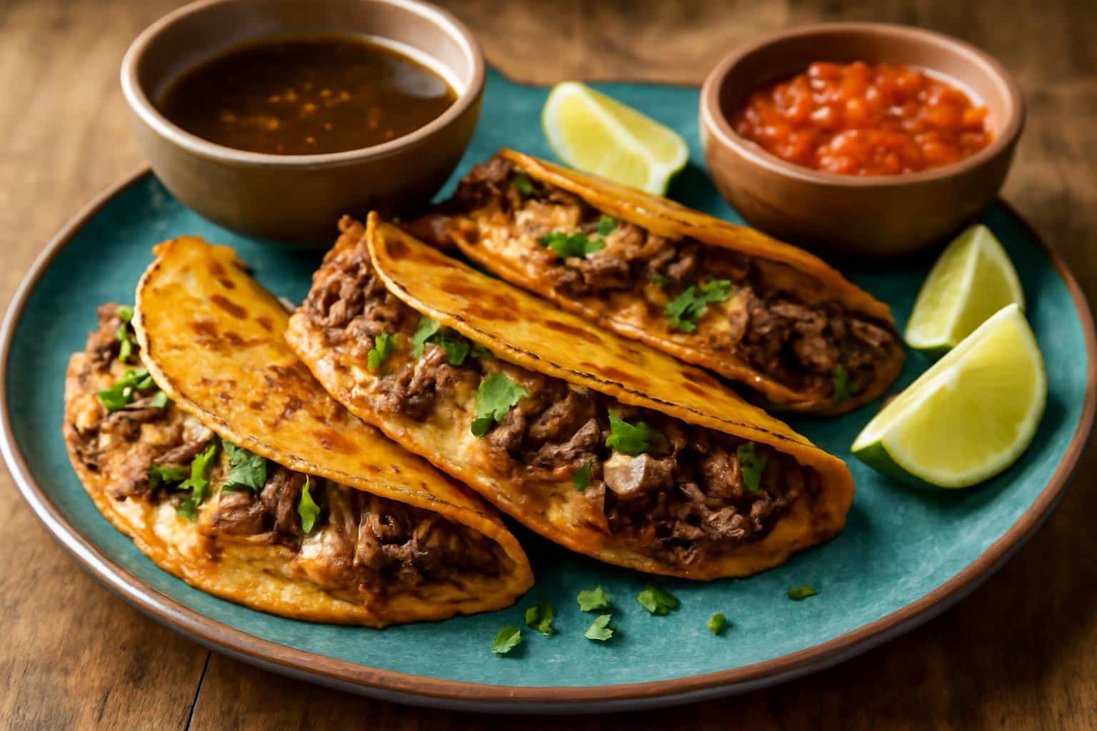 Close-up of crock pot birria tacos with tender beef and garnishes on a rustic table