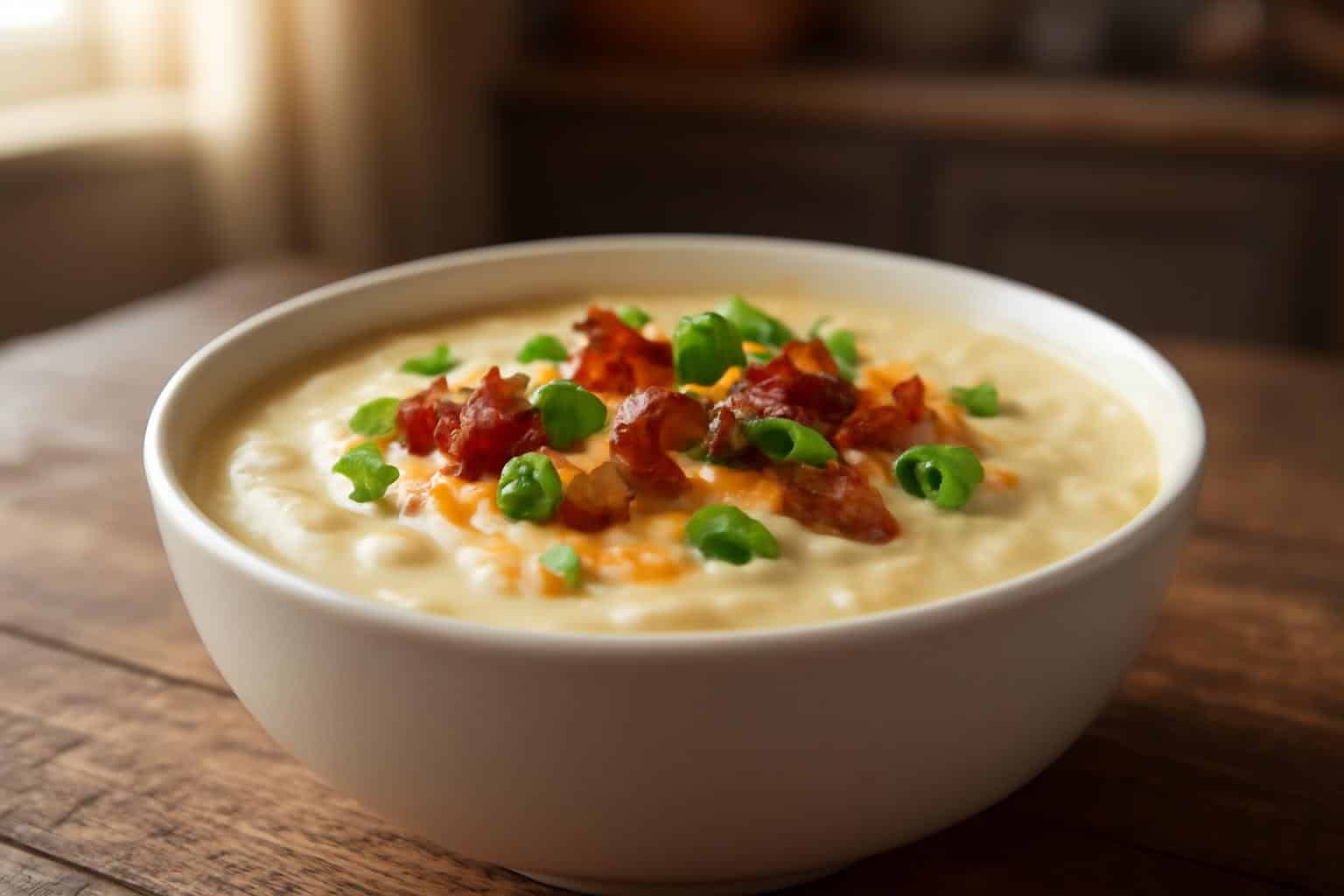 Creamy crock pot crack potato soup topped with cheddar and bacon bits