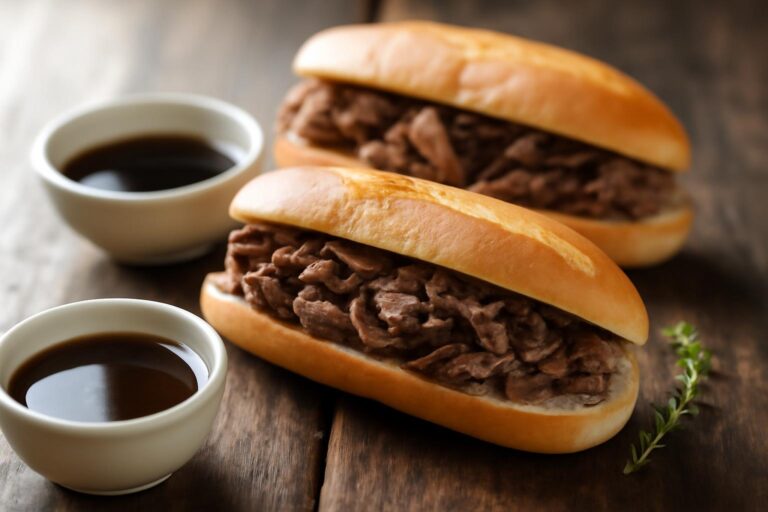 Crockpot french dip sandwiches with thin sliced beef and au jus dipping sauce on toasted rolls