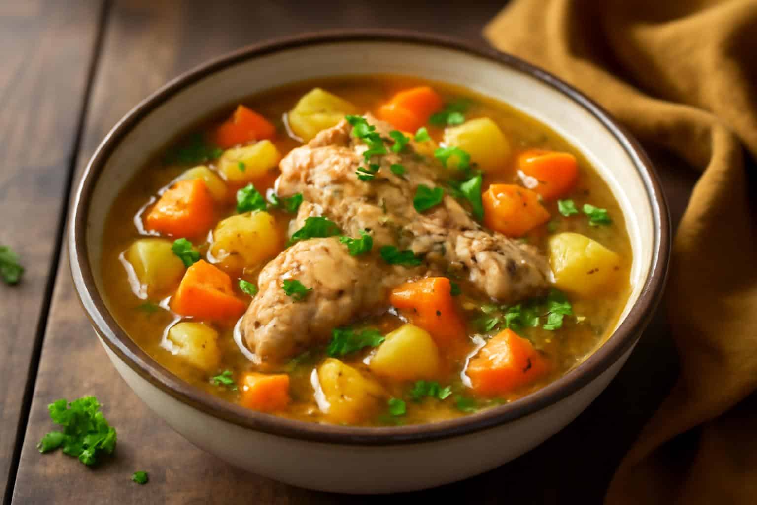 Hearty crockpot chicken stew in ceramic bowl, perfect crockpot recipes for two dinner