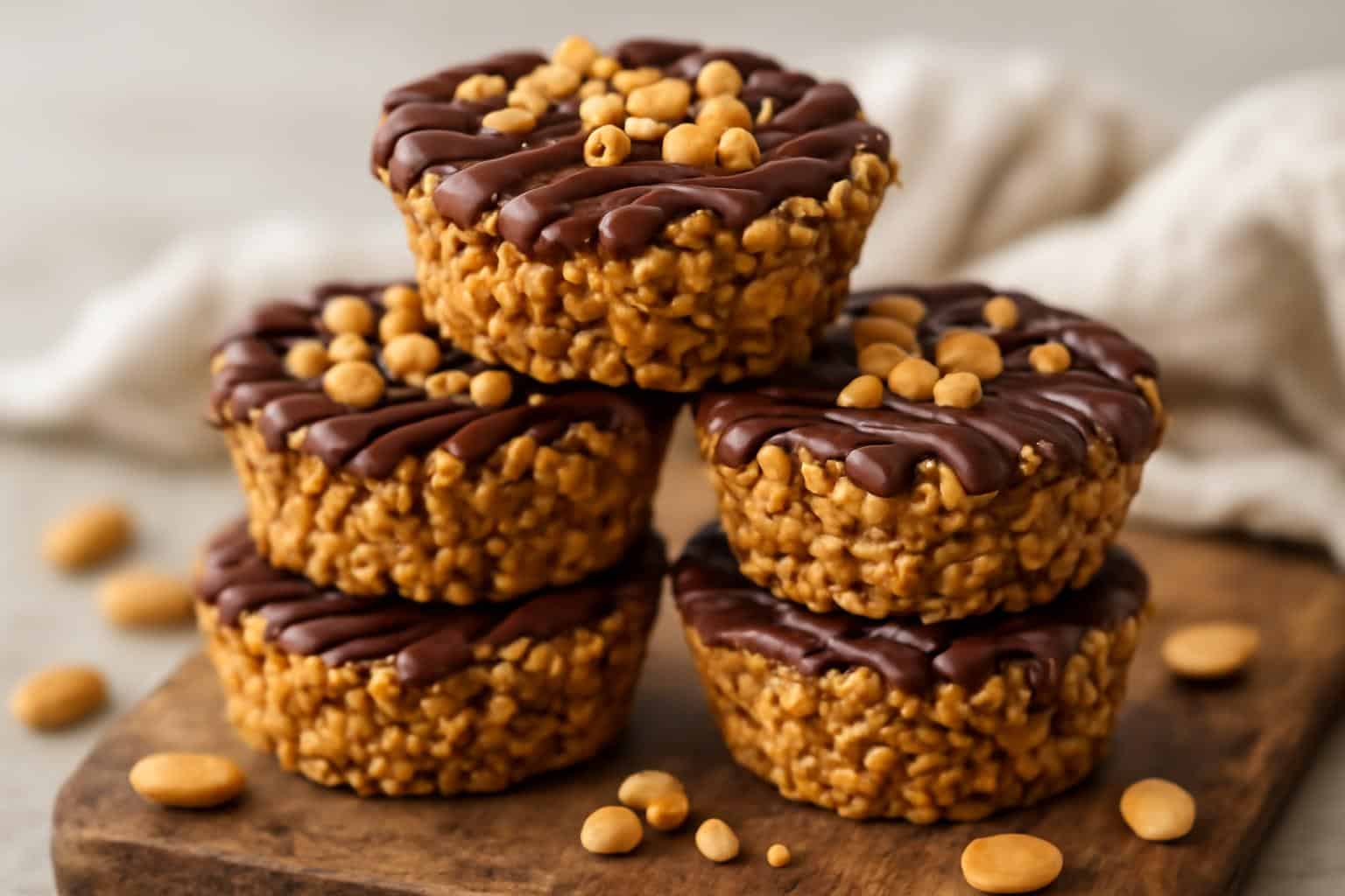 Crunchy chocolate peanut butter rice krispie cups stacked with peanut garnish and chocolate drizzle