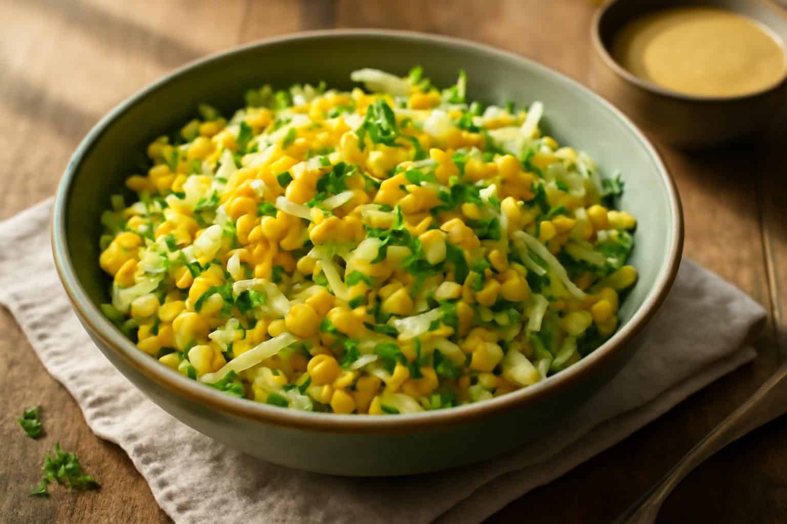 A bowl of crunchy corn slaw with shredded cabbage and corn kernels in natural light