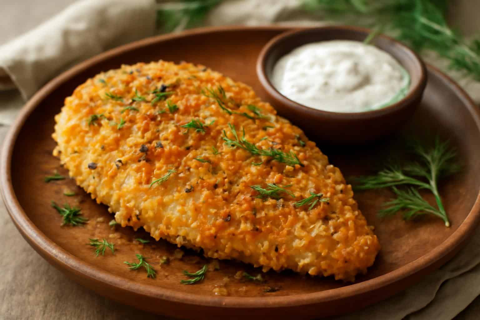Crunchy parmesan chicken with tangy dill pickle flavor on a rustic plate garnished with fresh dill