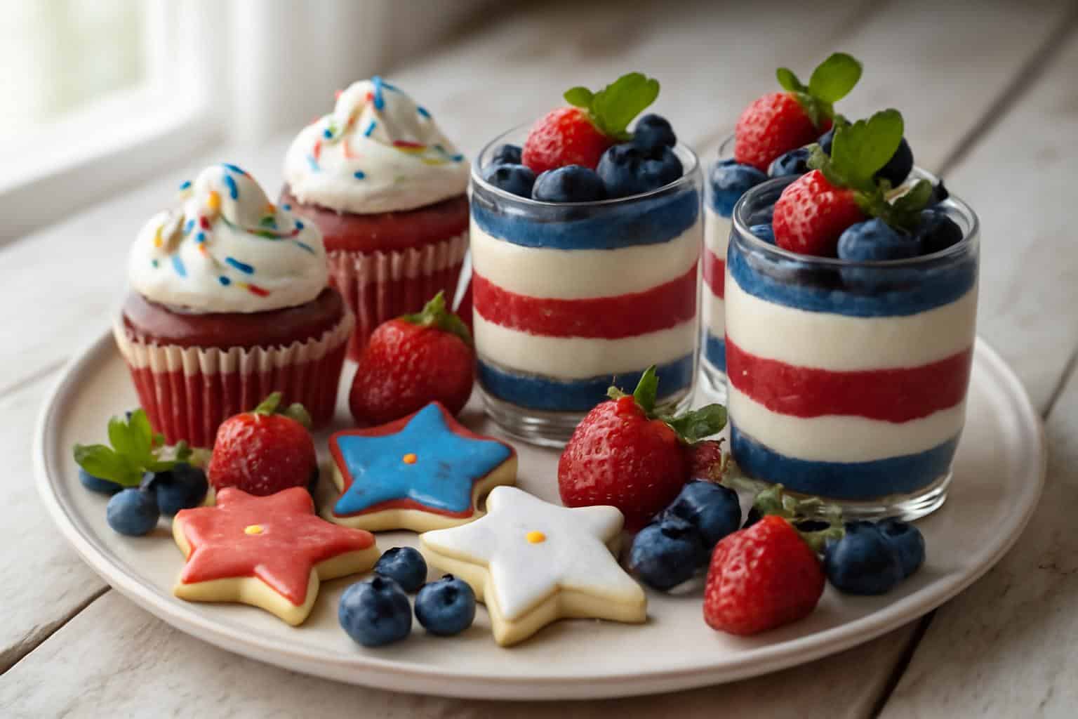 Assorted red white and blue patriotic dessert ideas beautifully arranged on a platter