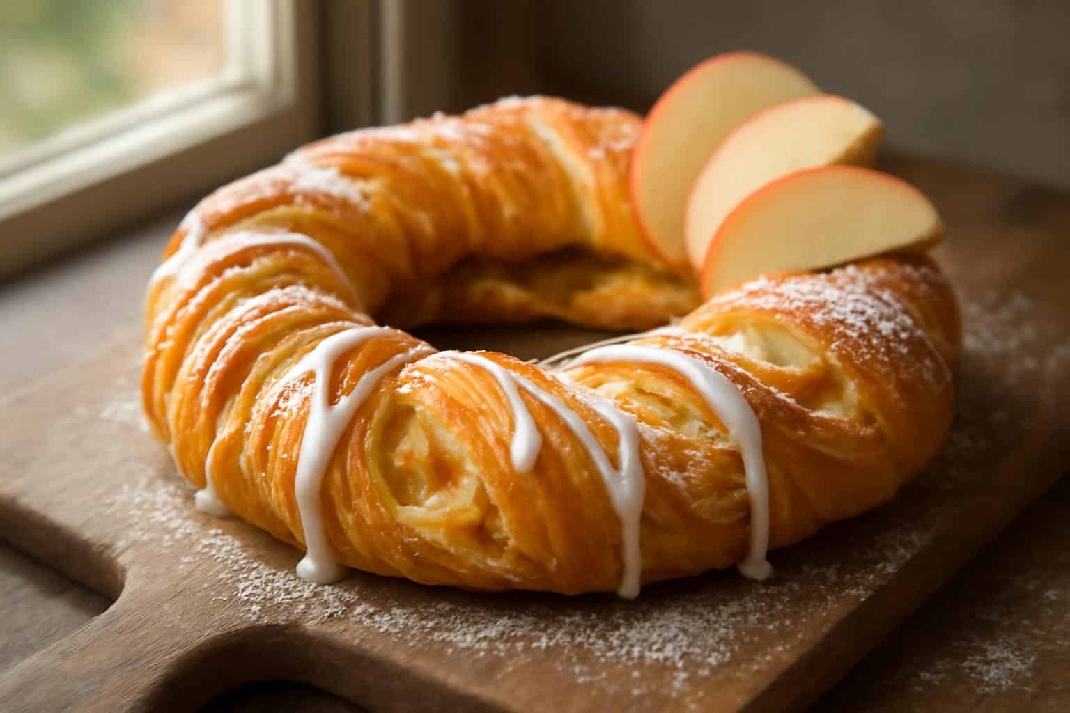 Delicious apple kringle with vanilla drizzle on rustic wooden board, showcasing flaky puff pastry and apple filling
