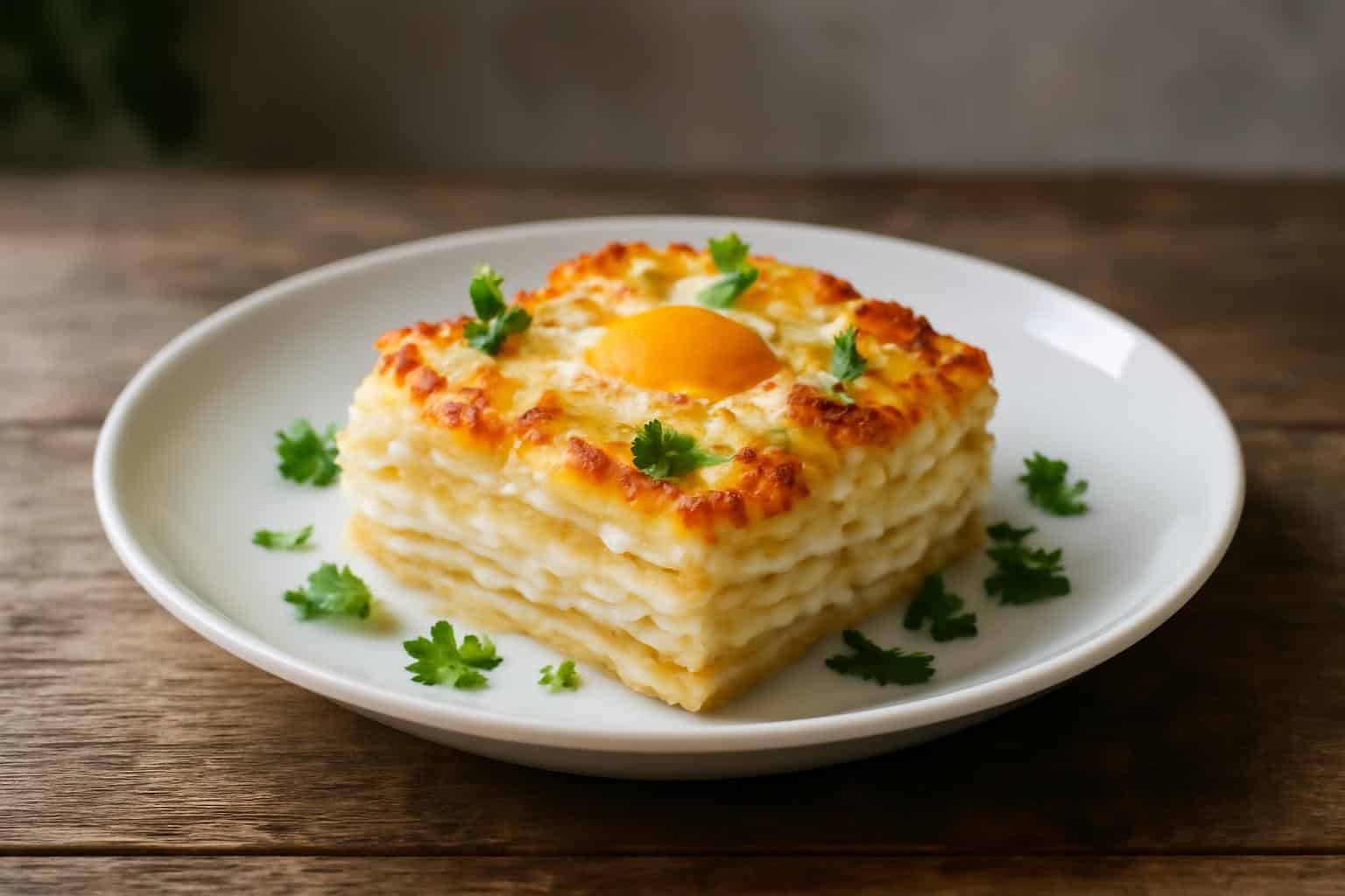 Decadent baked eggs napoleon on a plate with herbs, showcasing baked eggs napoleon brunch dish