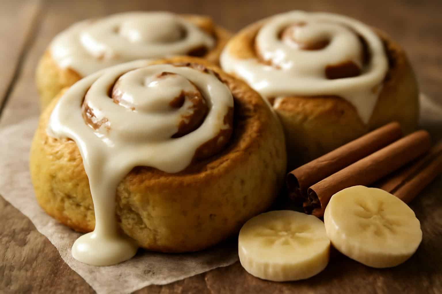 Close-up of banana bread cinnamon rolls with creamy frosting, showcasing banana bread cinnamon rolls texture and glaze