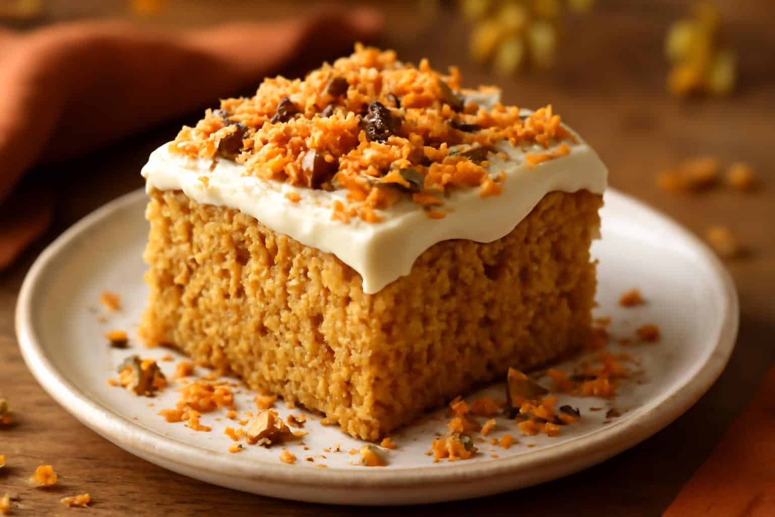 Slice of butterfinger cake with creamy frosting and crushed candy topping on rustic plate