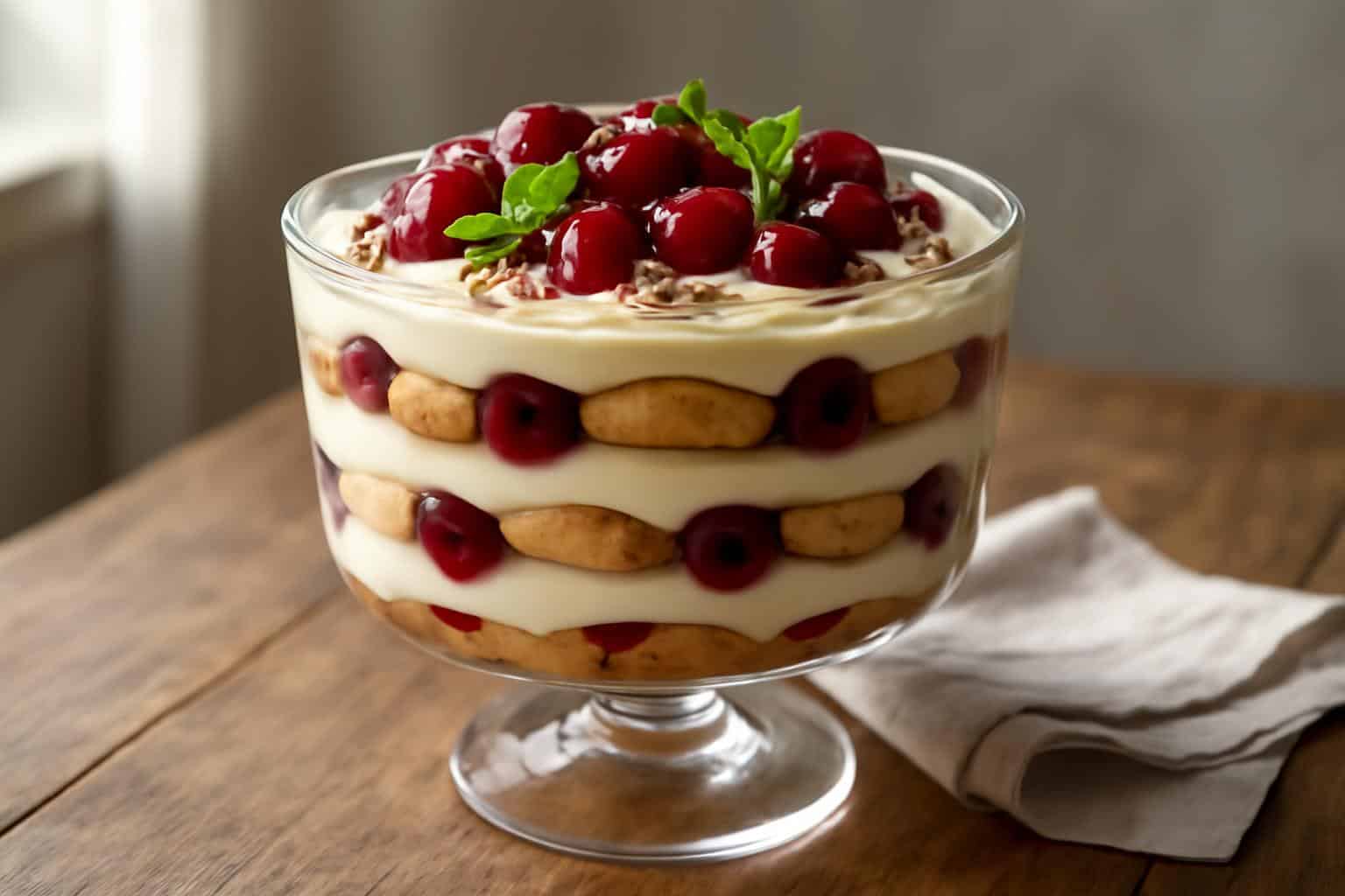 Decadent cherry amaretto tiramisu dessert with creamy layers and fresh cherries