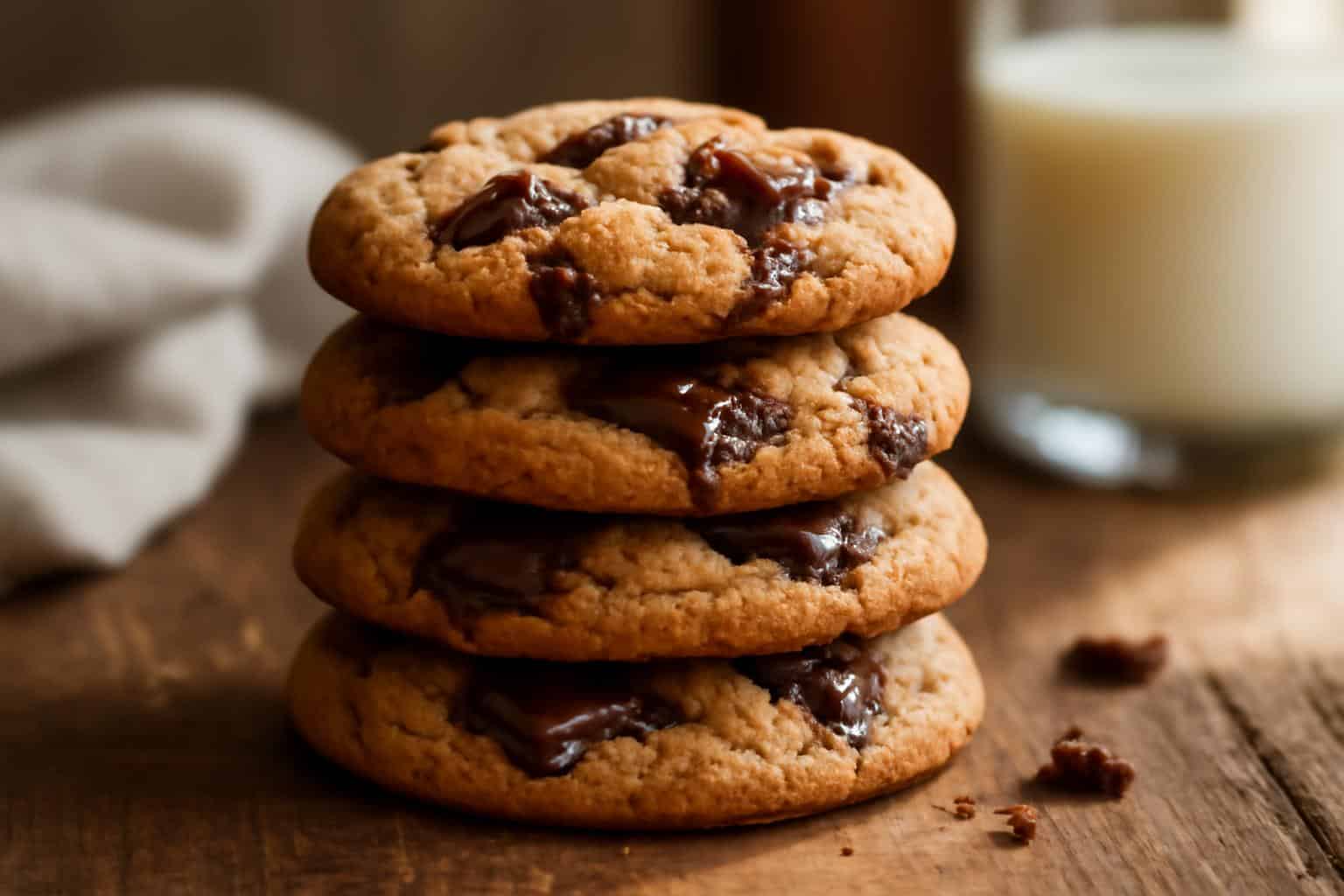 Stack of chewy chocolate chip cookies with gooey chocolate chips in natural soft light