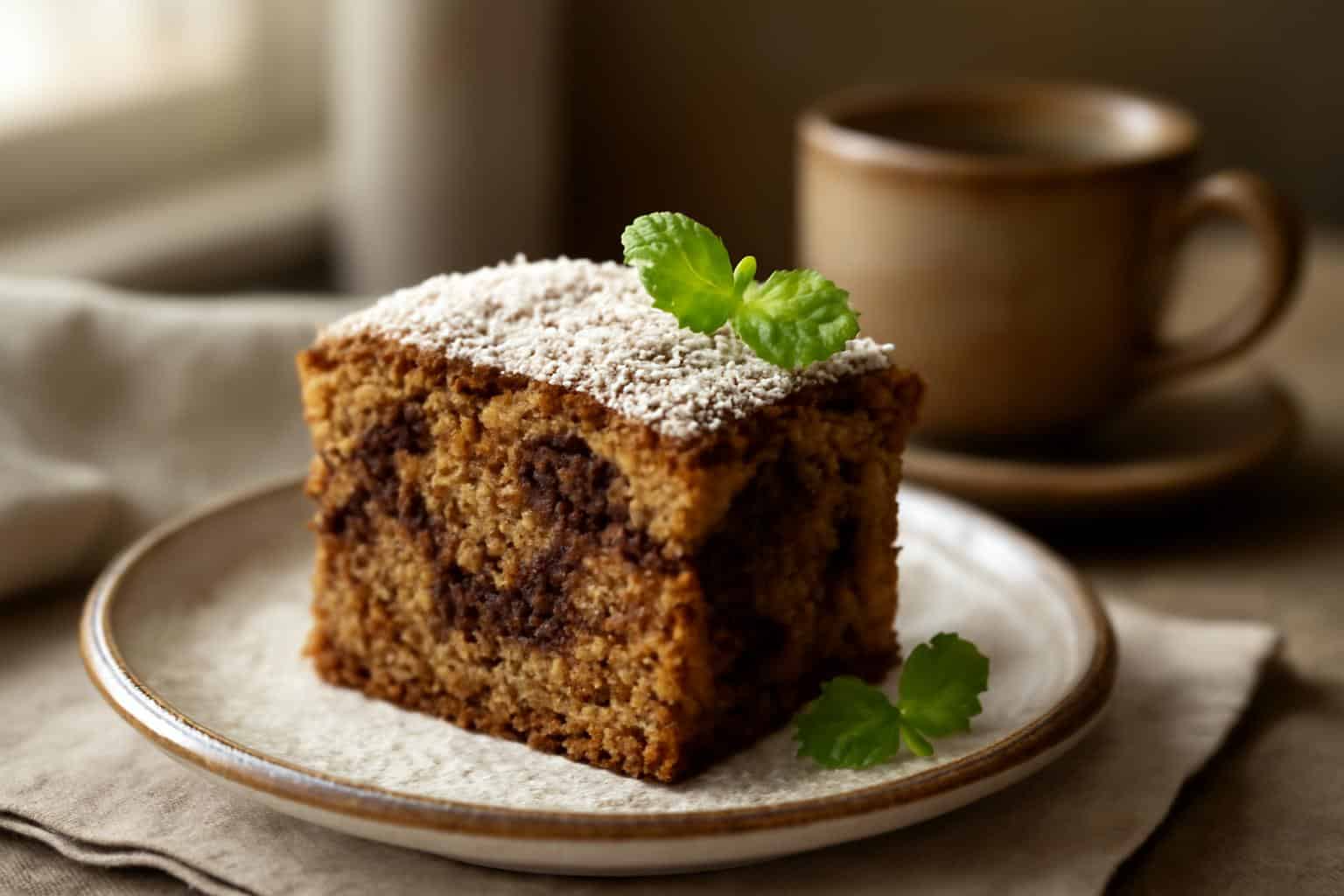 slice of moist chocolate coffee cake with powdered sugar and mint garnish