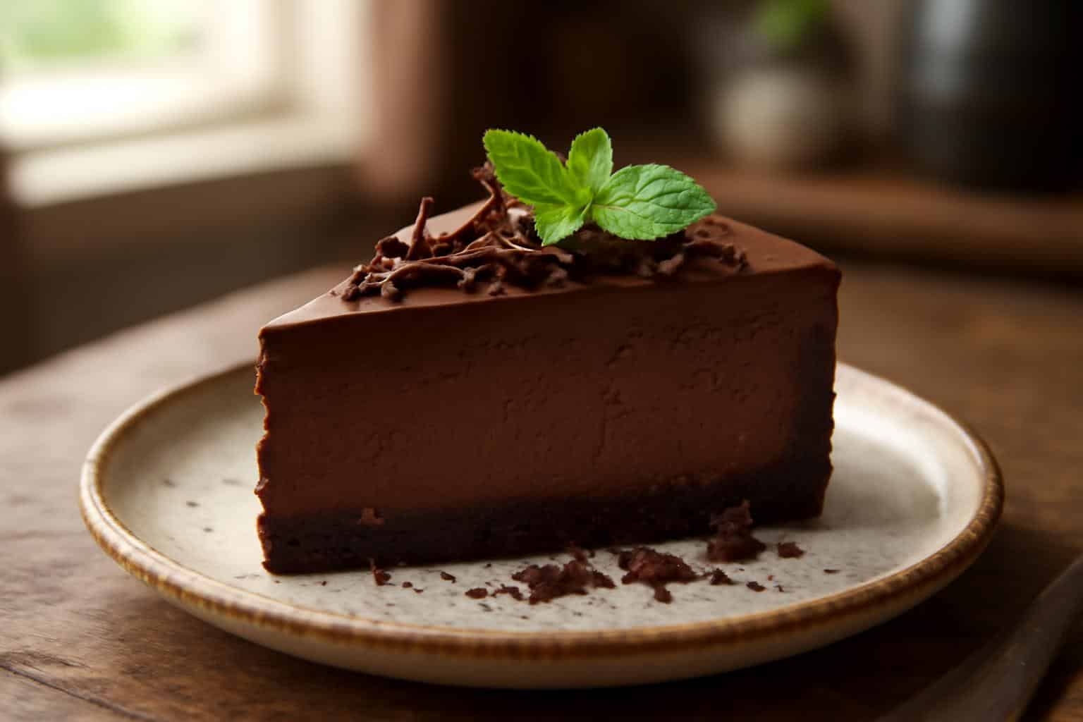 Slice of decadent chocolate fudge cheesecake with truffle layers and chocolate crust on plate