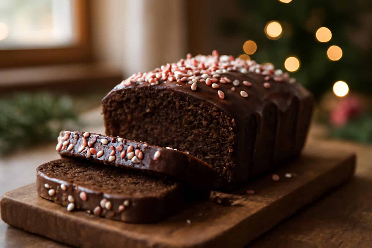 Sliced decadent chocolate peppermint loaf on rustic board with peppermint garnish