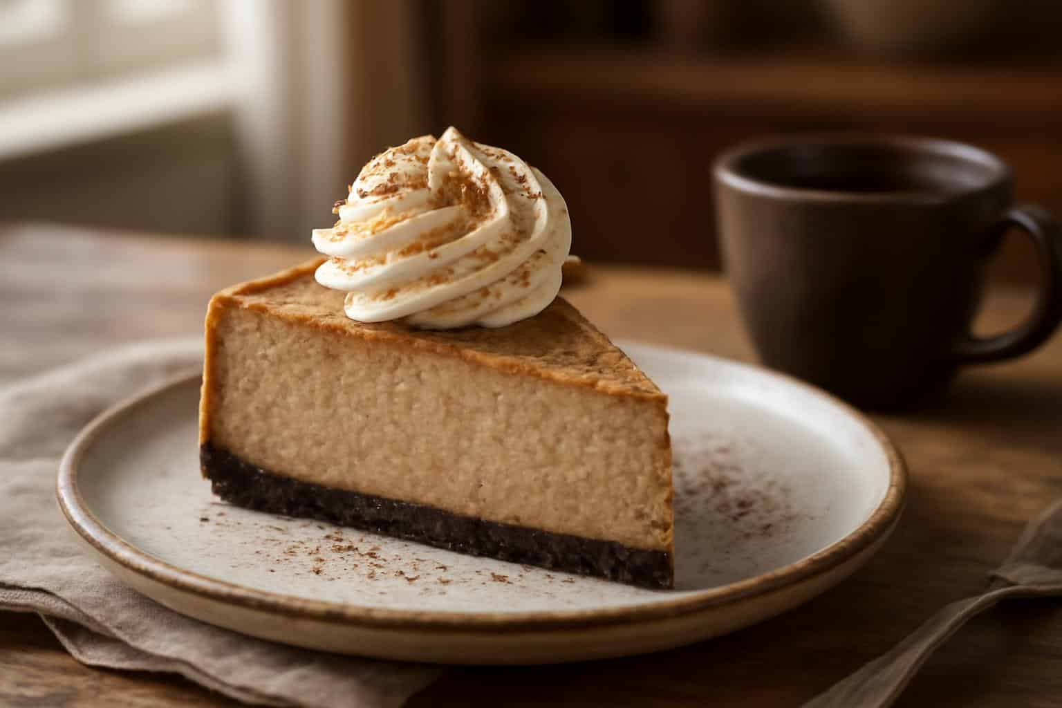 slice of kahlua cheesecake topped with whipped cream and cocoa powder, a coffee lover's dessert