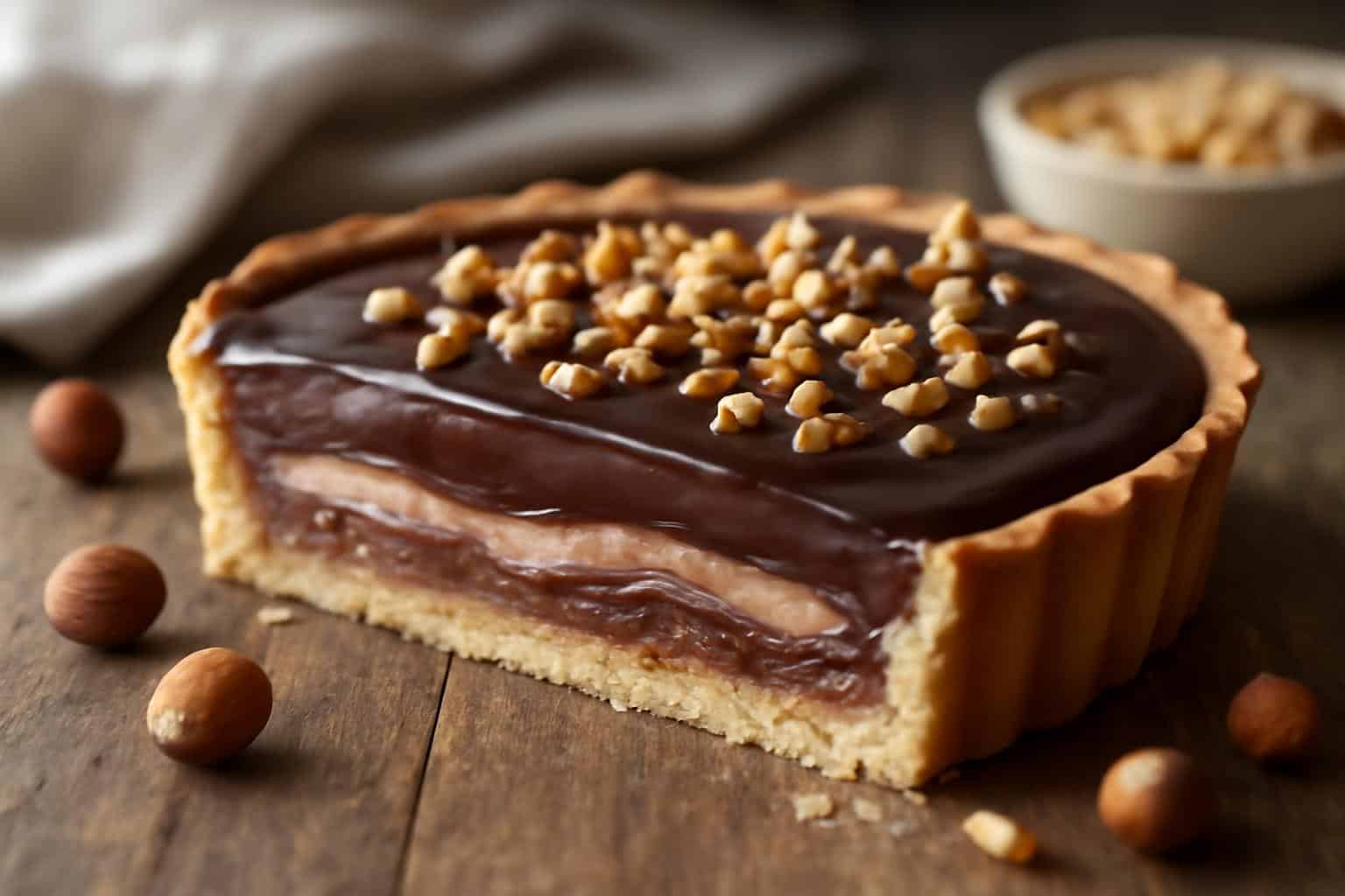 Decadent kinder bueno tart topped with crunchy hazelnuts and glossy chocolate ganache