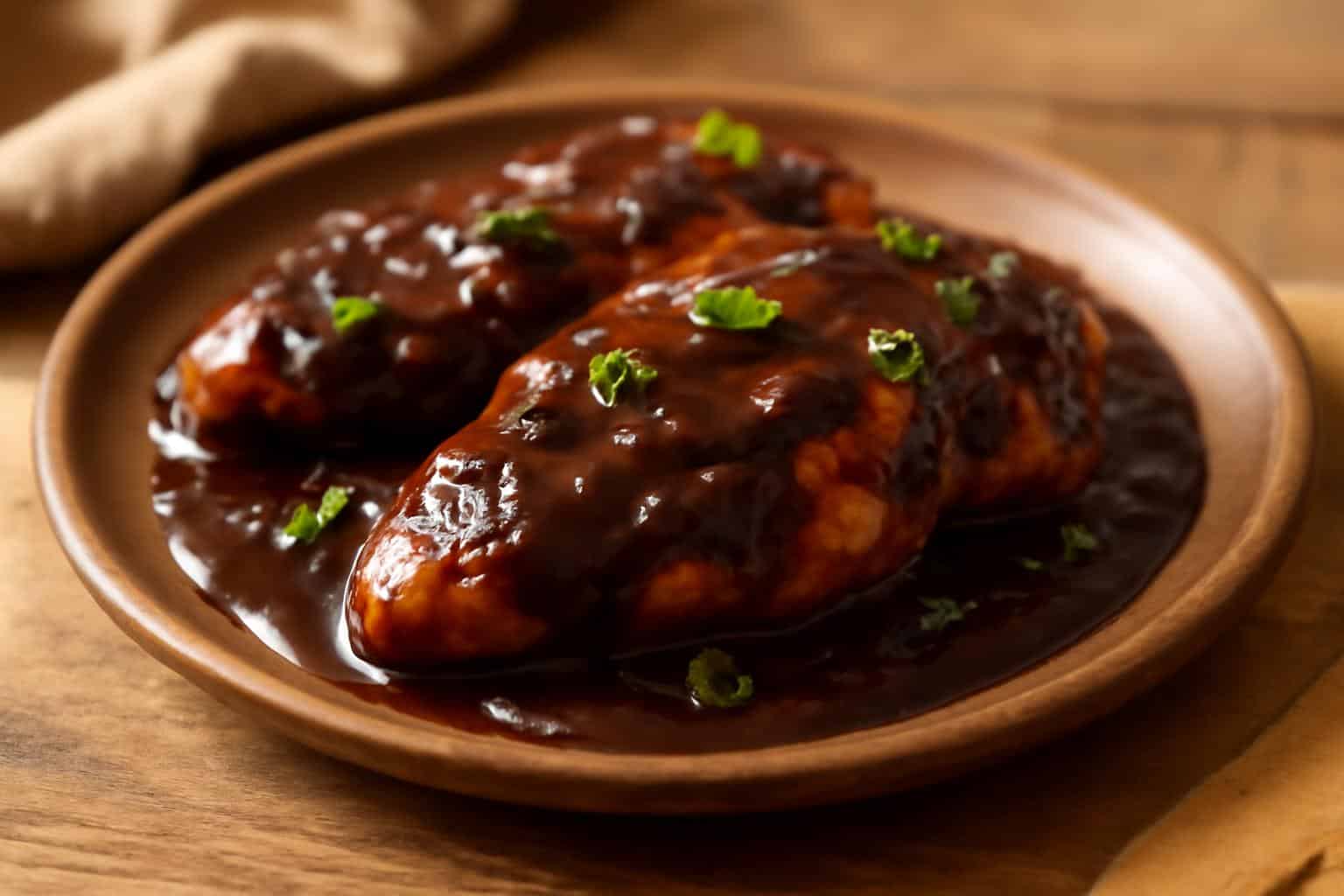 Mississippi mud chicken plated with rich dark sauce and fresh parsley garnish in natural soft window light