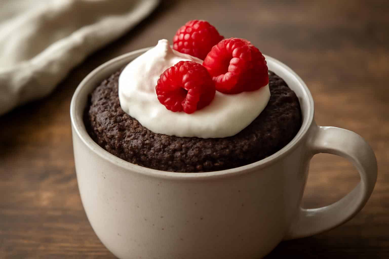 Decadent mug cakes topped with whipped cream and fresh raspberries in a ceramic mug
