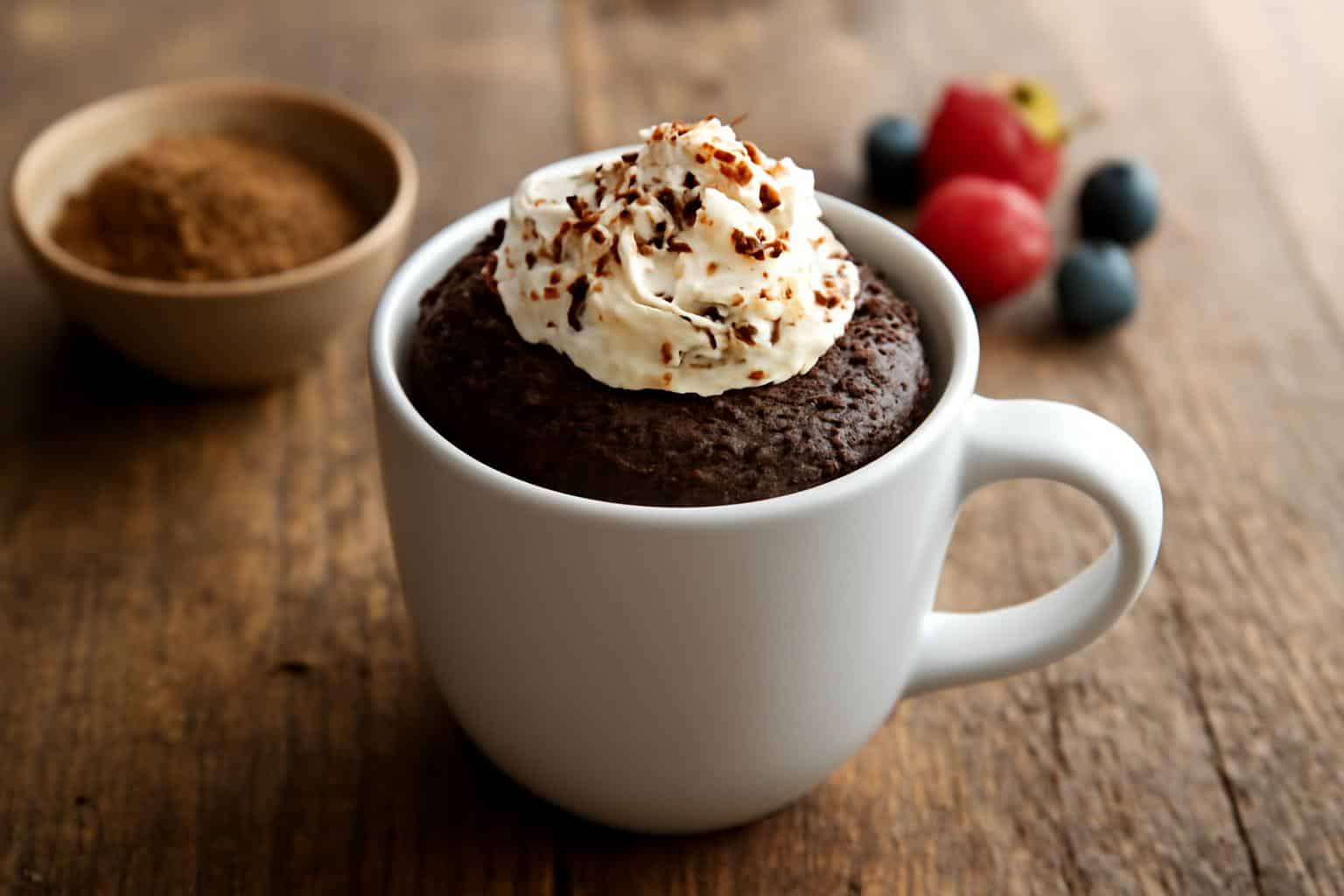 decadent mug cakes topped with whipped cream and chocolate shavings