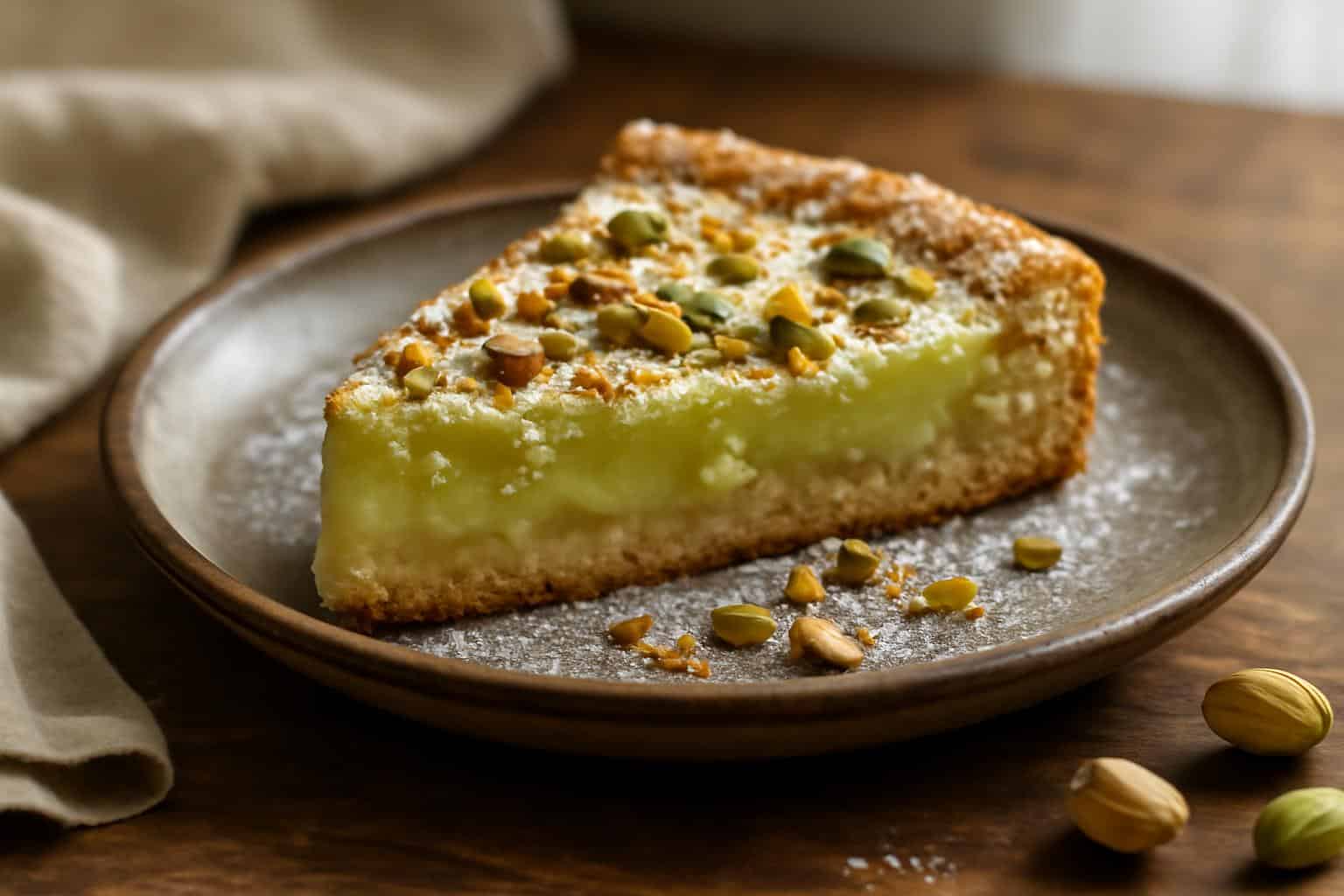 Slice of pistachio gooey butter cake garnished with crushed pistachios and powdered sugar