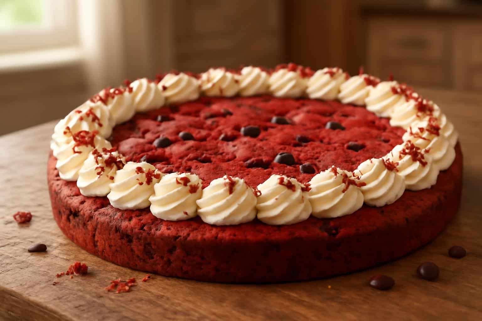 Moist red velvet cookie cake with cream cheese frosting and red velvet crumbs on rustic surface
